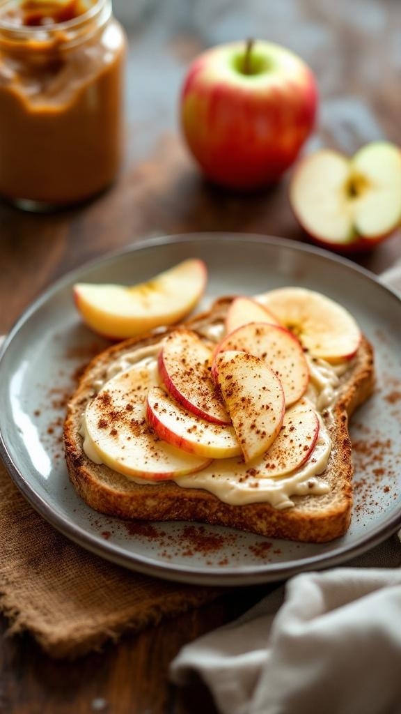 Nut butter and apple toast topped with sliced apples and cinnamon on a plate