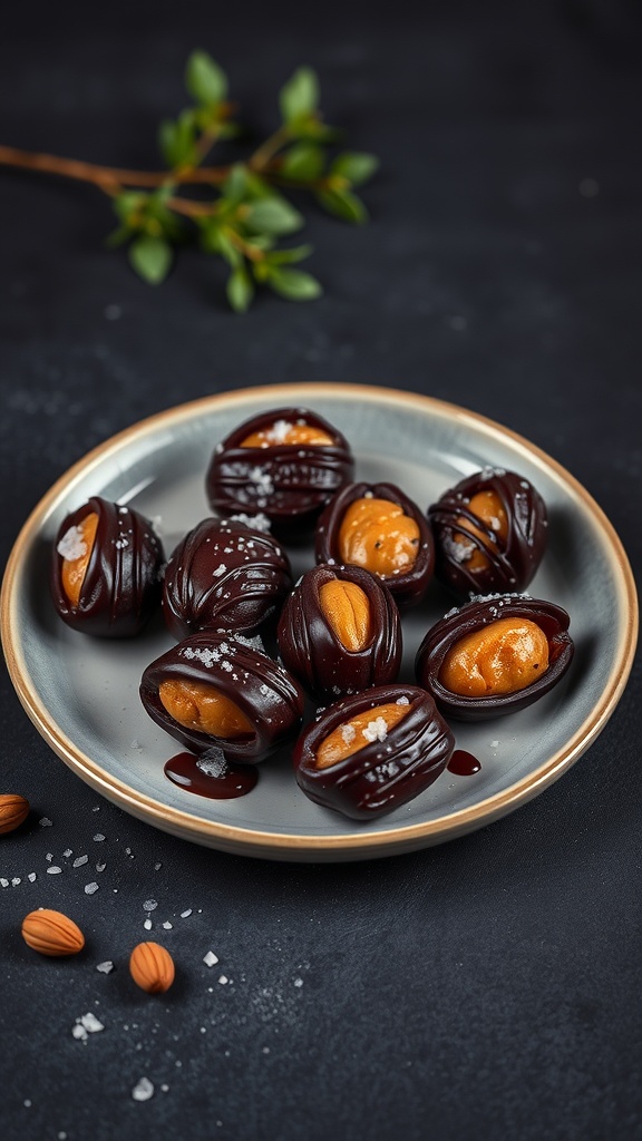 Nut butter stuffed dates drizzled with chocolate on a plate