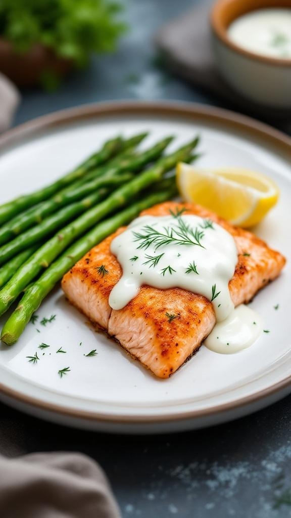 A plate of air-fried salmon topped with dill sauce, served with asparagus and a lemon wedge.
