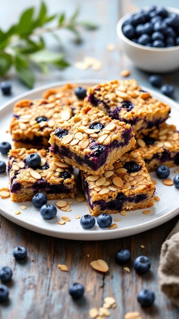 Nutritious blueberry almond oatmeal bars on a plate with fresh blueberries.