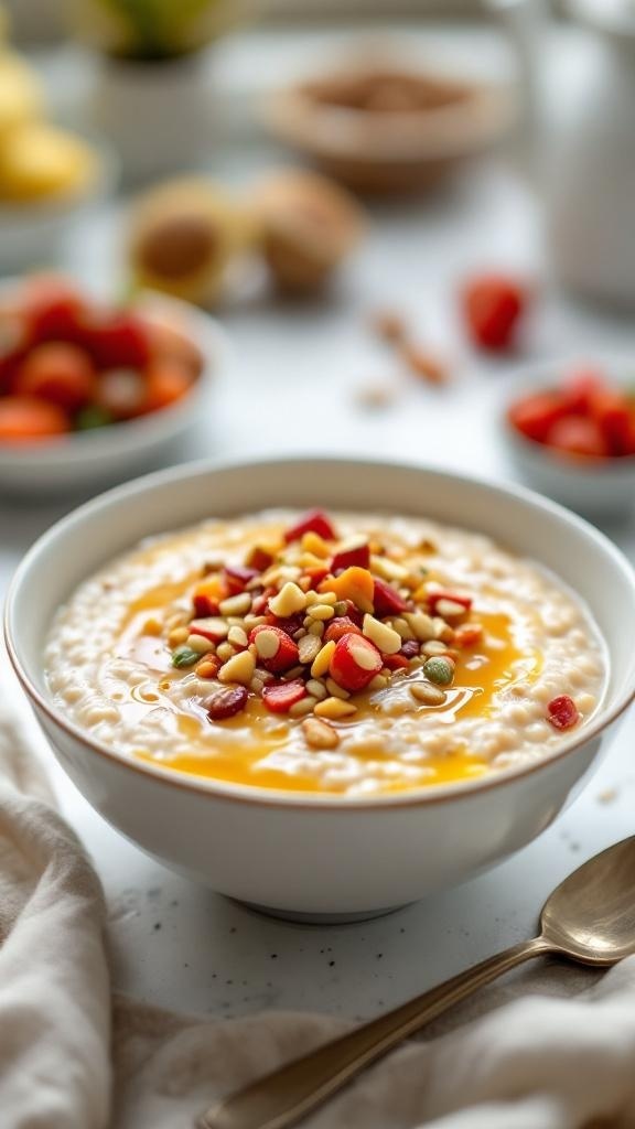 A bowl of nutritious buckwheat porridge topped with nuts and fruit.