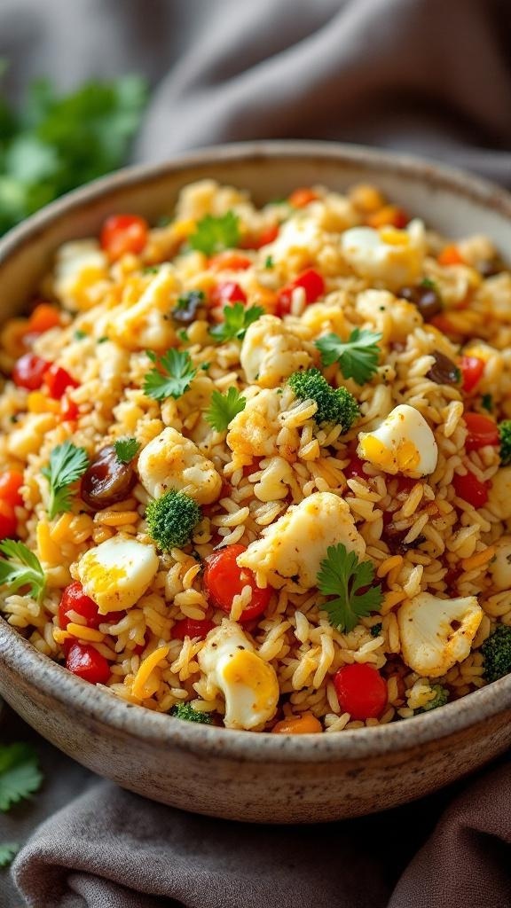 A bowl of colorful cauliflower fried rice with vegetables and garnished with cilantro.