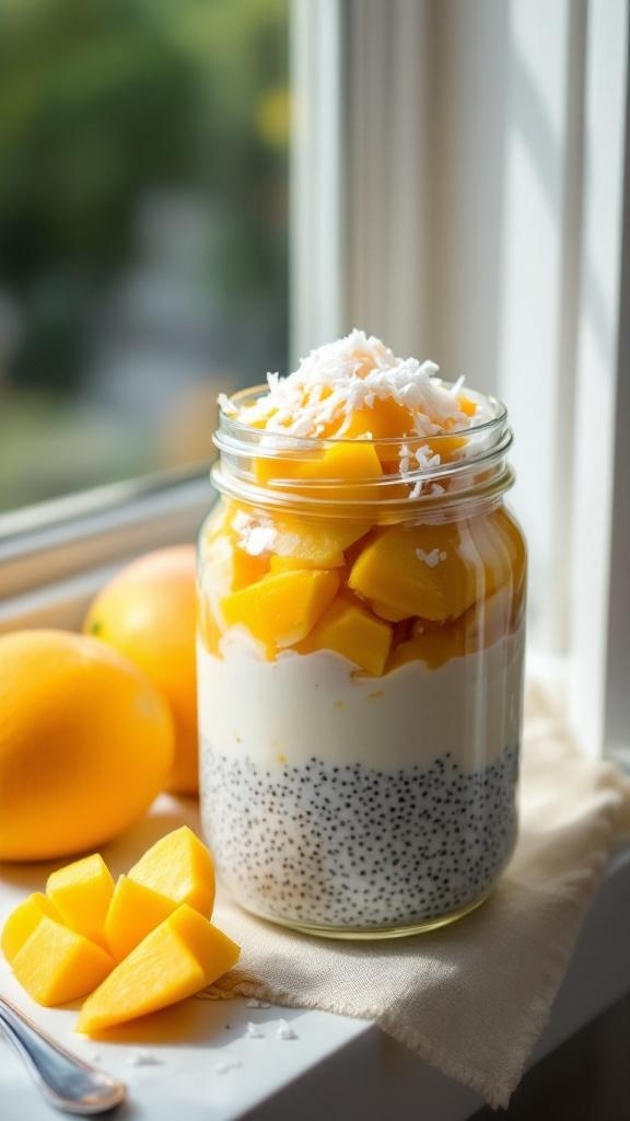 A jar of chia seed pudding topped with mango and coconut, placed by a window with fresh mangoes beside it.