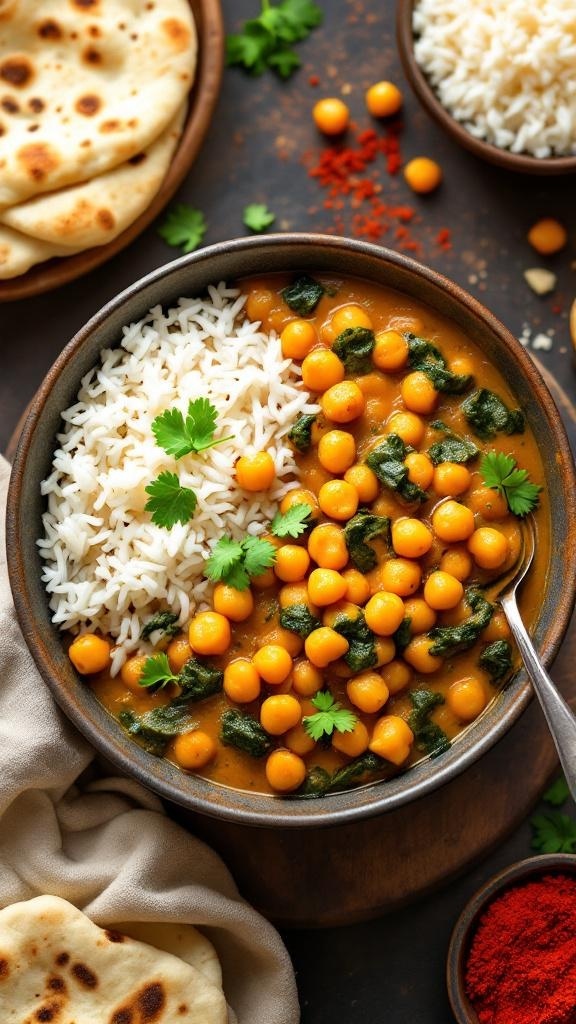 A bowl of Chickpea and Spinach Curry served with rice and naan.