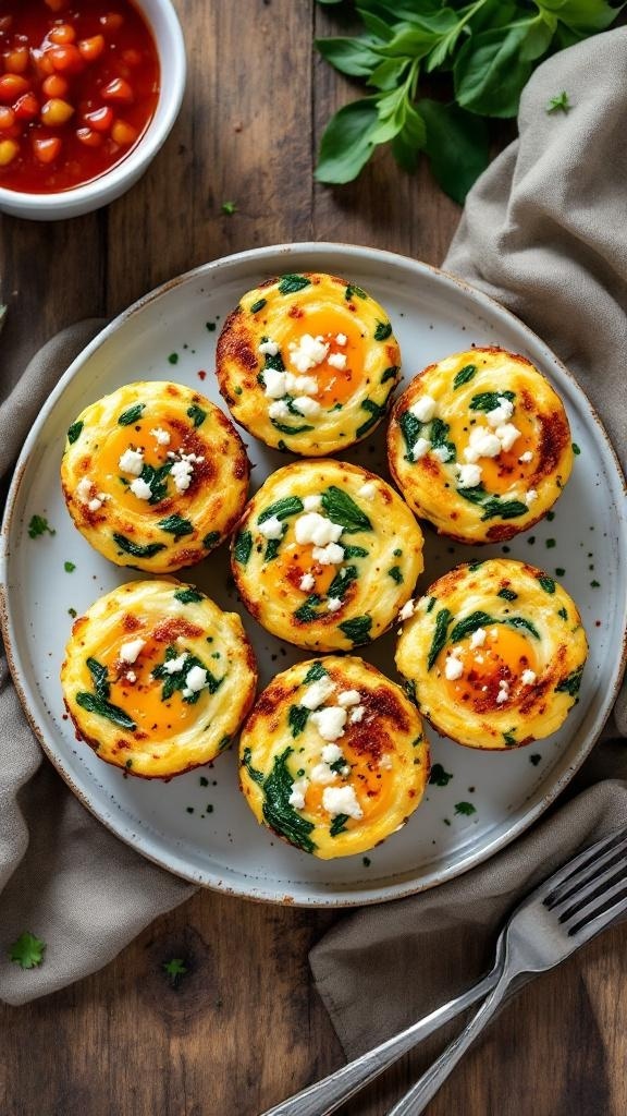 A plate of nutritious egg muffins with spinach and feta cheese, served with a side of salsa.