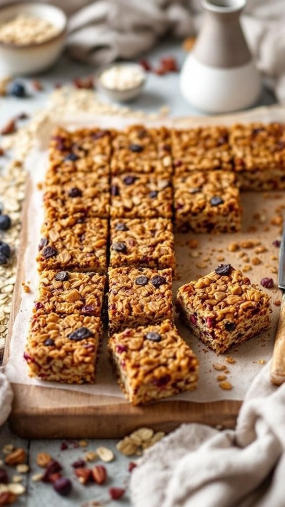 Nutritious no bake granola bars cut into squares on a wooden board.