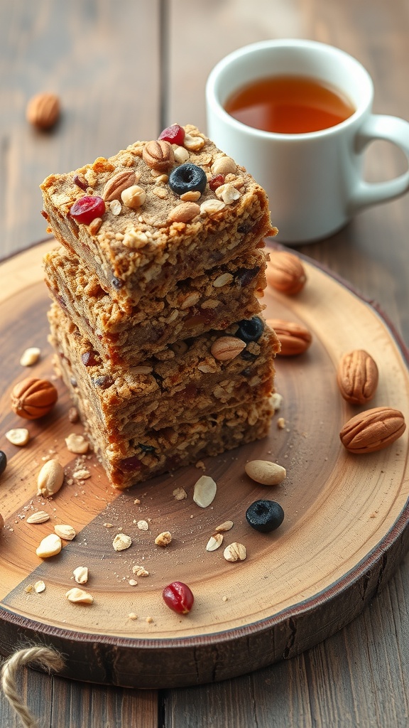 Nutritious oatmeal energy bars stacked on a wooden plate with nuts and a cup of tea