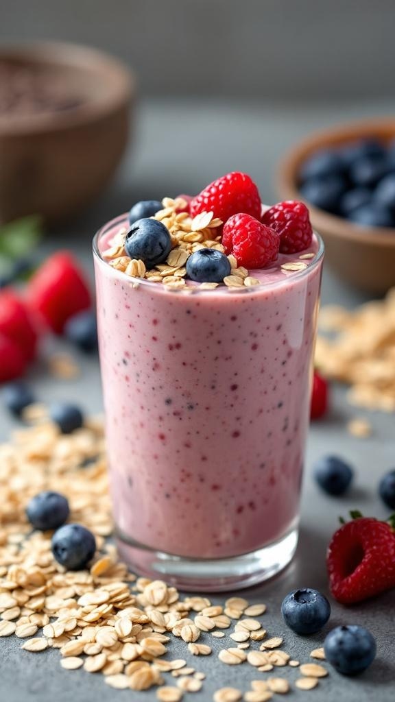 A nutritious oatmeal smoothie topped with berries and oats in a glass.