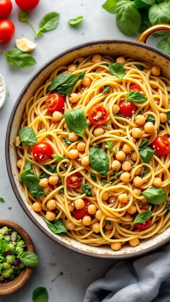 A delicious one-pot chickpea pasta with cherry tomatoes and basil.