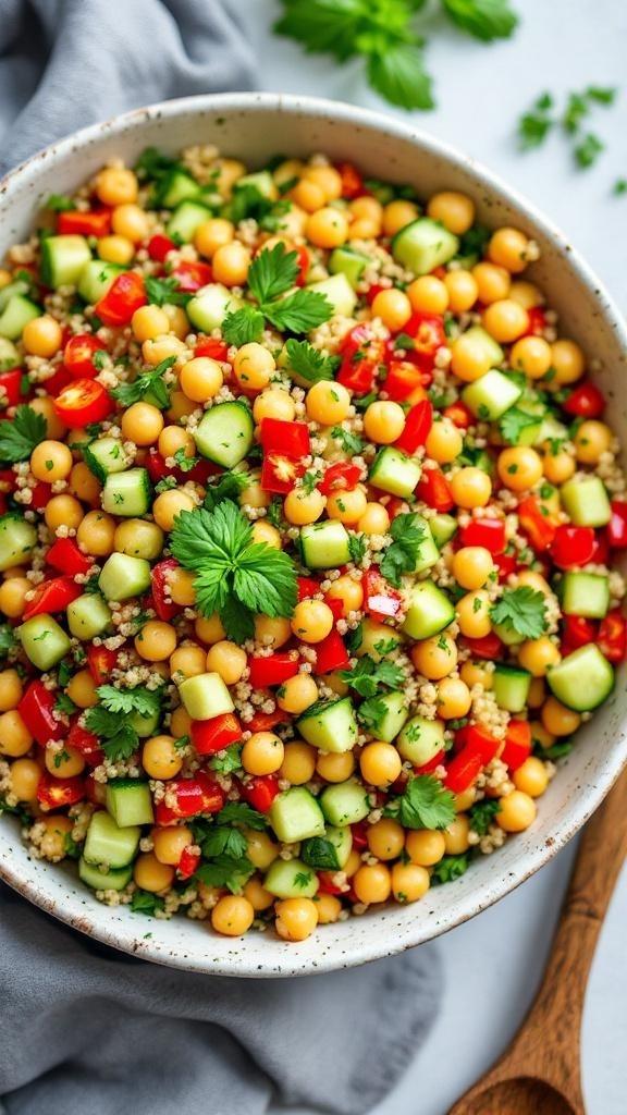 A colorful quinoa and chickpea salad with diced vegetables and fresh herbs.