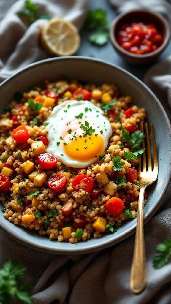 A colorful quinoa breakfast bowl with cherry tomatoes, corn, bell peppers, and a poached egg on top.