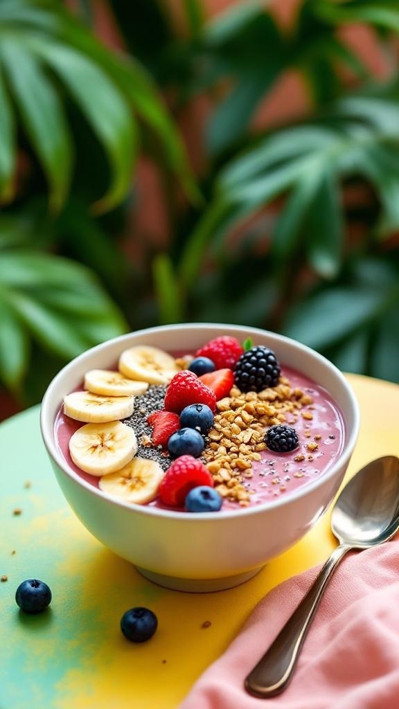 A colorful smoothie bowl topped with banana slices, berries, granola, and chia seeds.