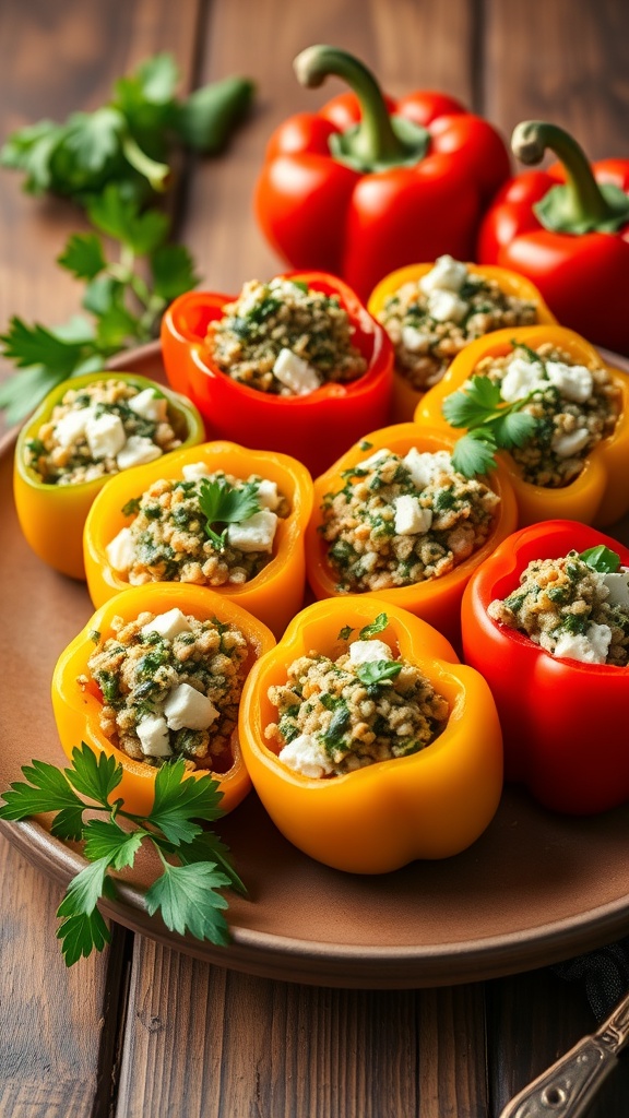 Colorful bell peppers stuffed with spinach and feta mixture on a wooden table.