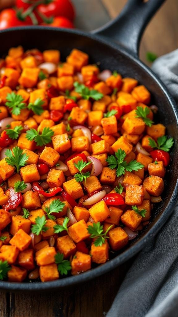 A colorful sweet potato hash with diced sweet potatoes, bell peppers, and parsley in a skillet.