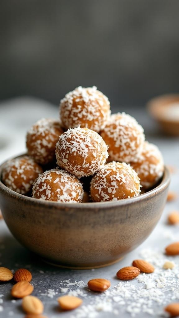 A bowl of nutty almond butter energy balls coated in shredded coconut.