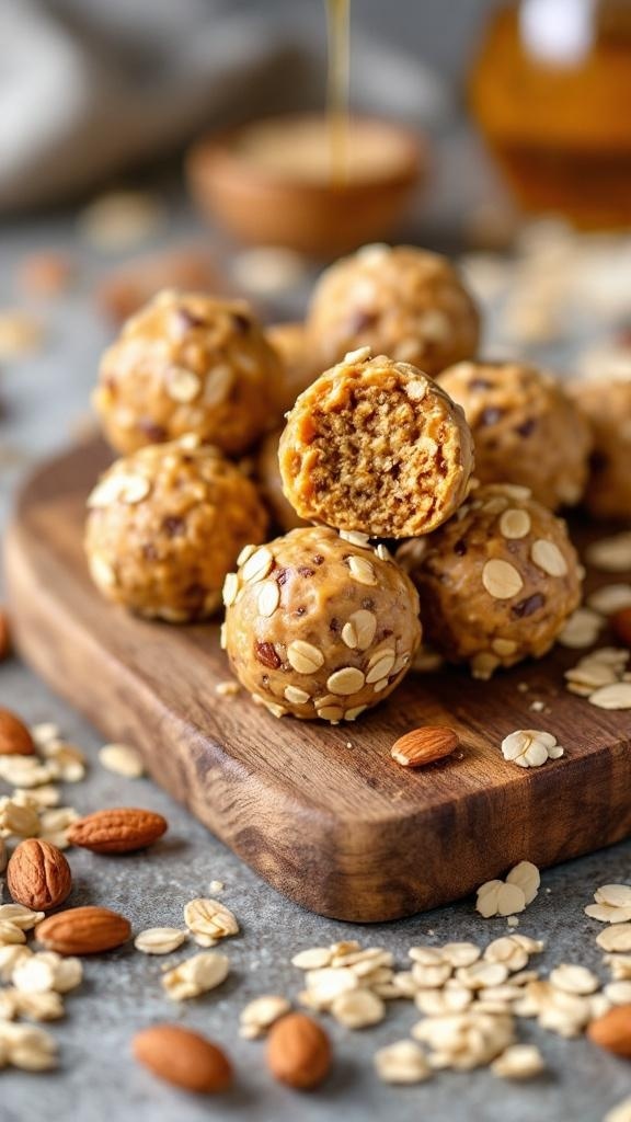Nutty Almond Butter Energy Bites on a wooden board with oats and almonds scattered around.
