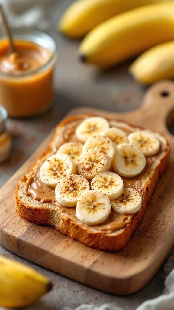 Nutty almond butter toast topped with banana slices and sprinkled with cinnamon.