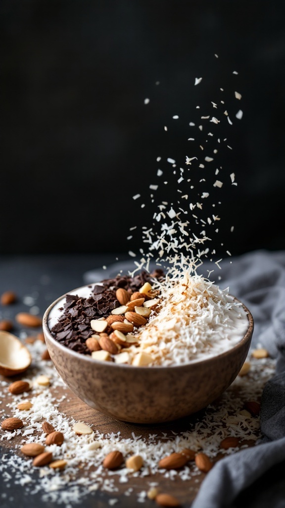 A delicious Nutty Almond Joy Bowl with chocolate, coconut, and almonds