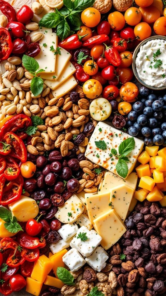 A beautifully arranged charcuterie board featuring cheeses, nuts, and fresh produce.