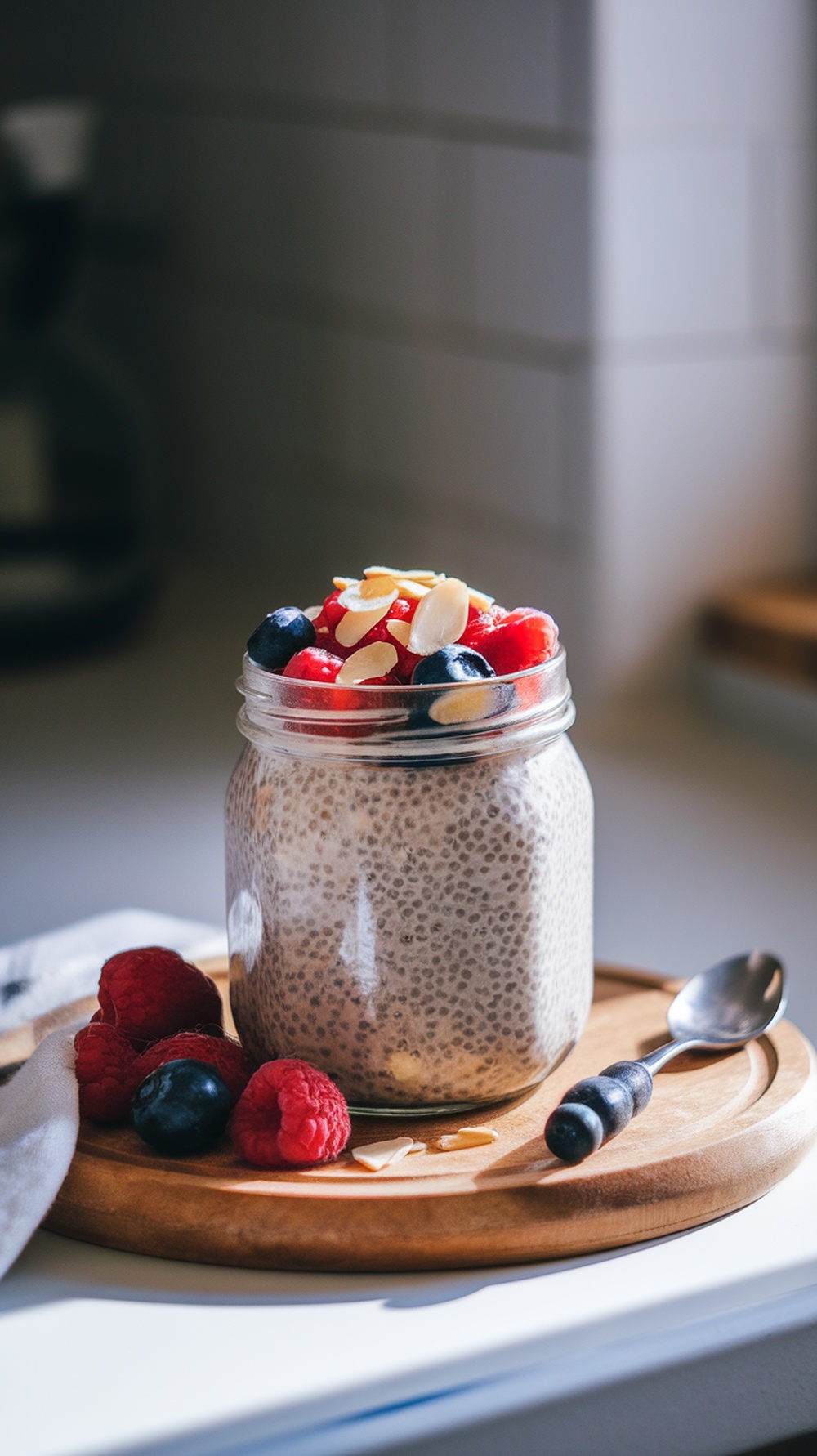 A jar of chia seed pudding topped with fresh berries and sliced almonds, placed on a wooden board.