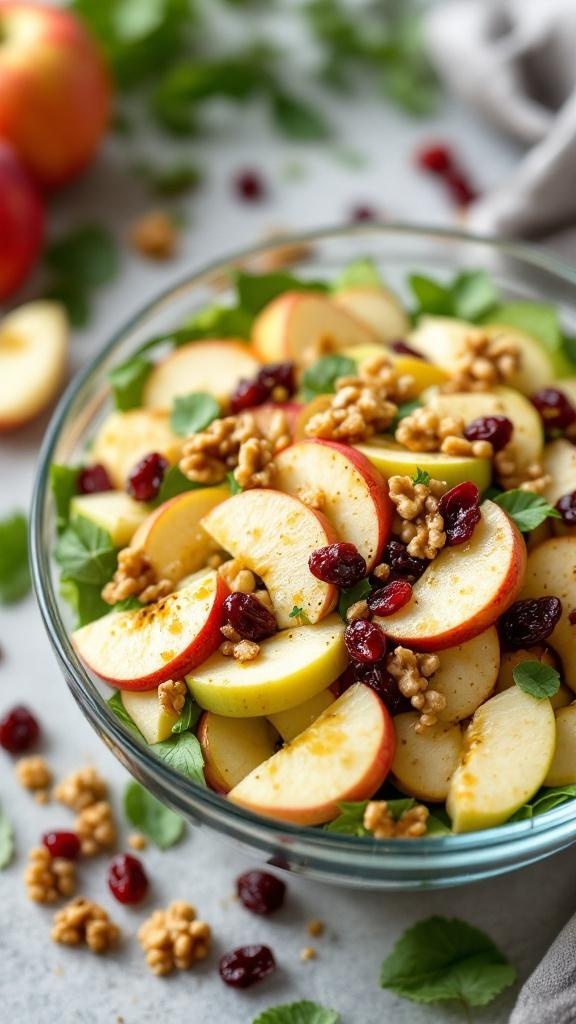 A colorful bowl of Nutty Apple and Walnut Fruit Salad with sliced apples, walnuts, dried cranberries, and mint leaves.