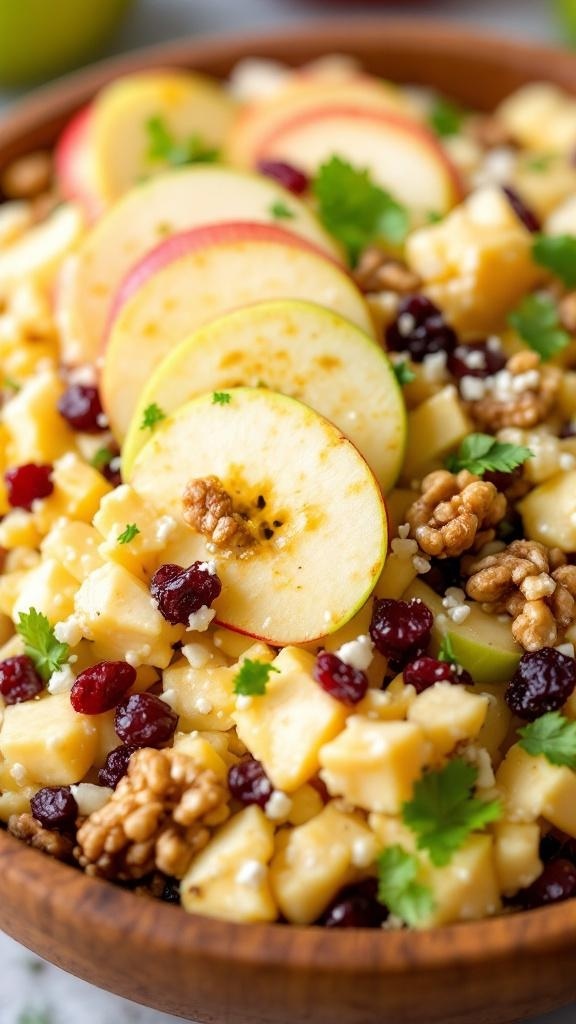 A colorful Nutty Apple Salad with cheddar cheese, walnuts, and cranberries in a wooden bowl.