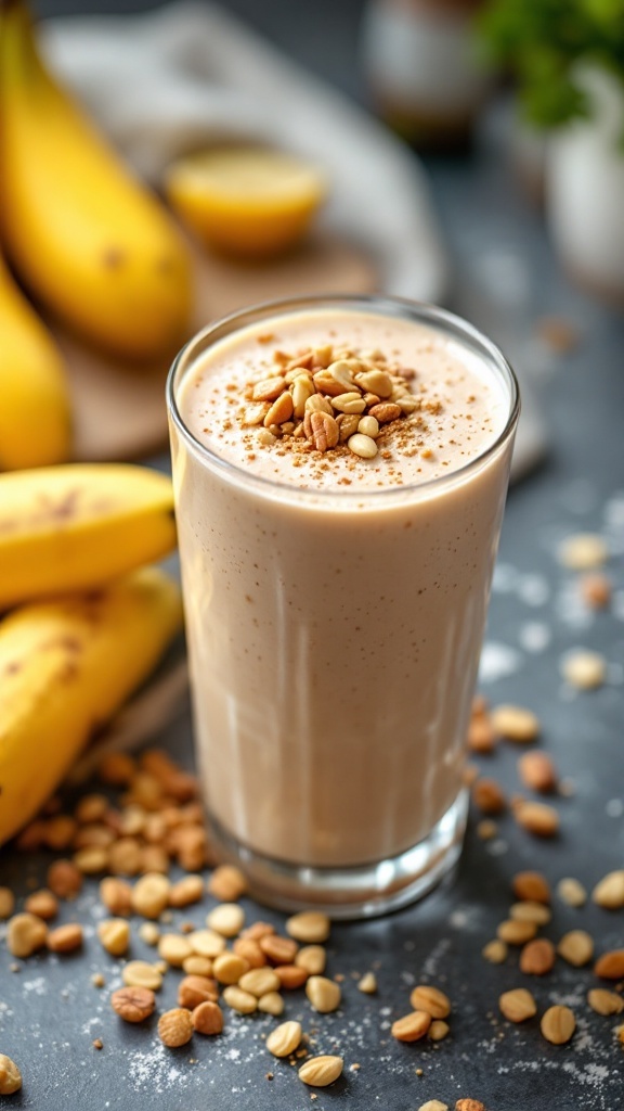 Nutty Banana Collagen Smoothie in a glass topped with nuts, surrounded by bananas and peanuts.