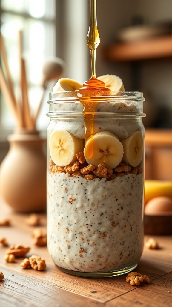 A jar of Nutty Banana Walnut Overnight Oats with honey drizzling on top.