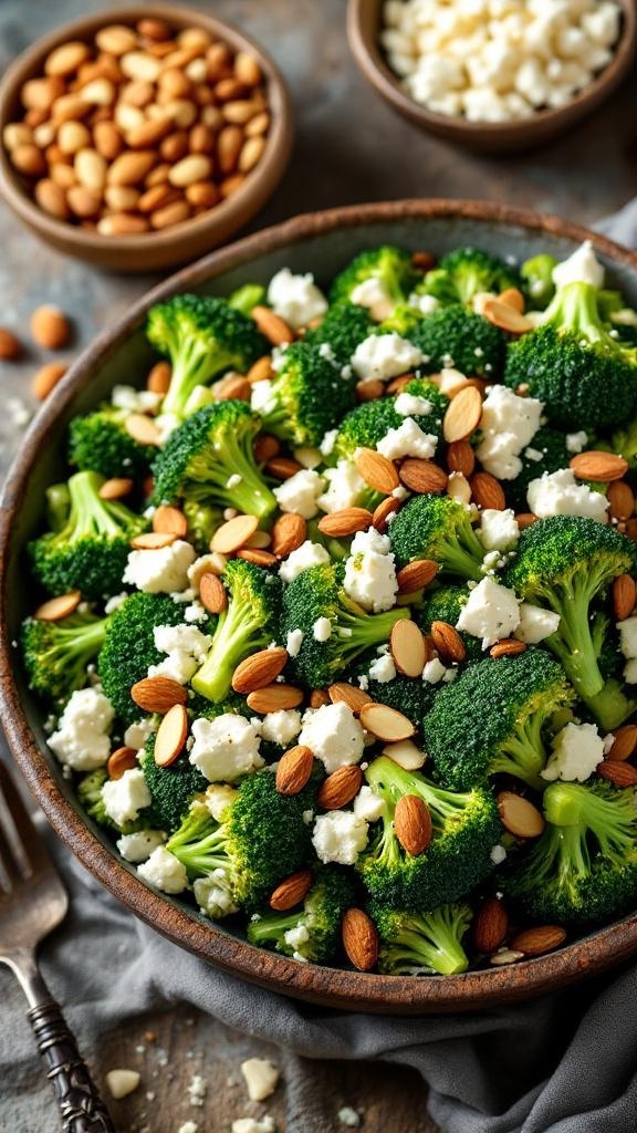 Nutty Broccoli Salad with Almonds and Feta in a bowl