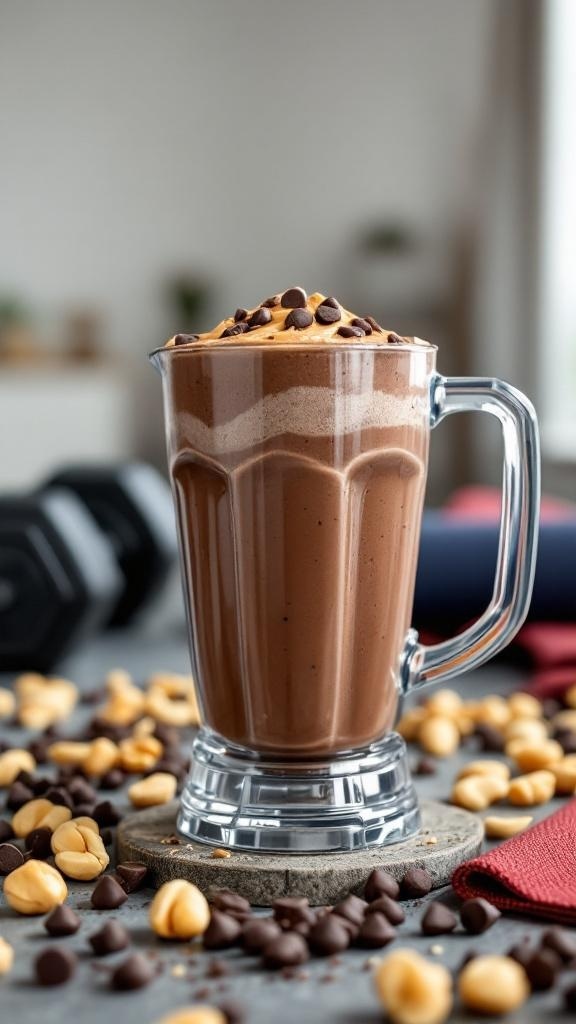 Nutty Chocolate Protein Smoothie in a glass with chocolate chips and peanuts around it.