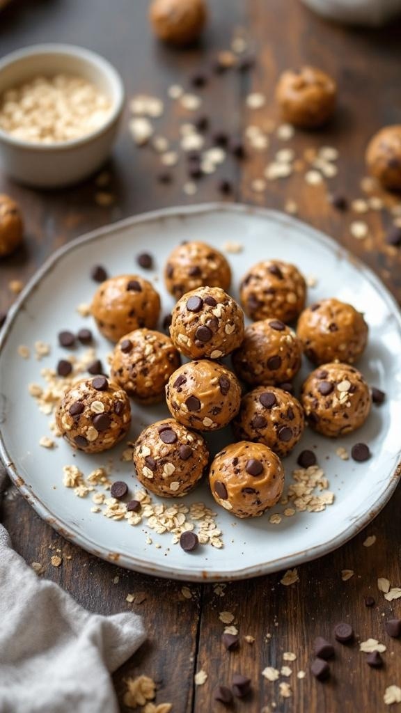 Plate of nutty energy bites made with oats, peanut butter, and chocolate chips.