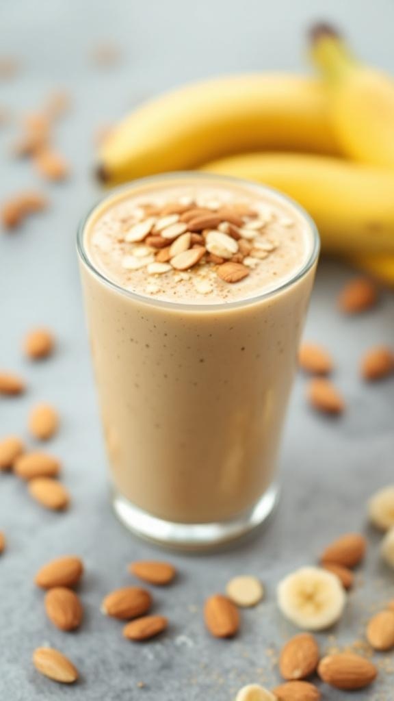 A glass of almond butter banana smoothie topped with almonds, with bananas in the background.