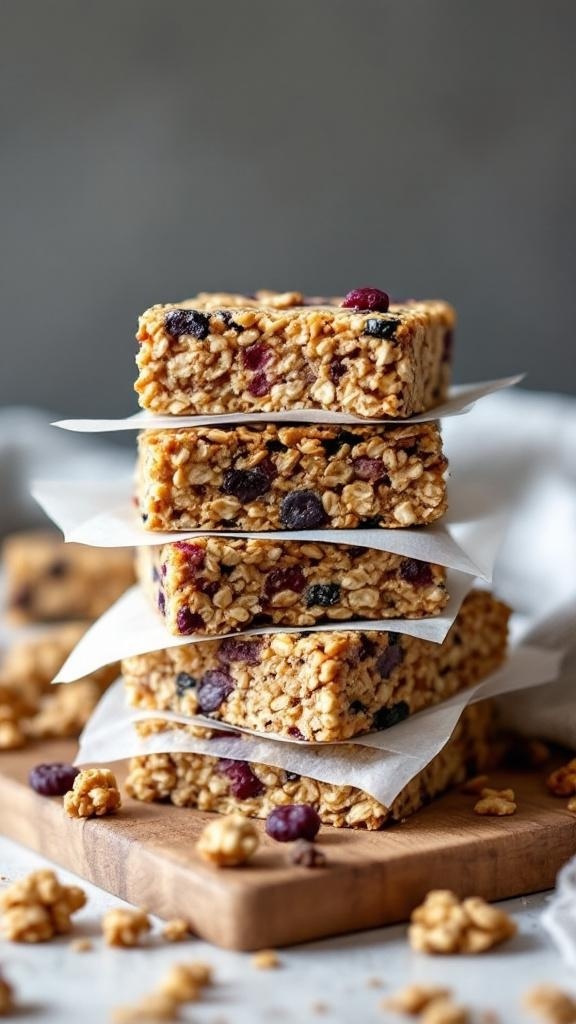 Nutty granola bars stacked on a wooden board with some scattered granola pieces.