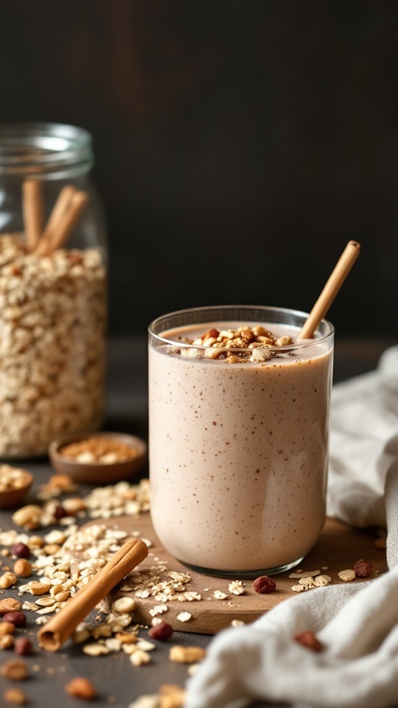 Nutty Oatmeal Smoothie with Cinnamon in a glass, topped with nuts and cinnamon sticks