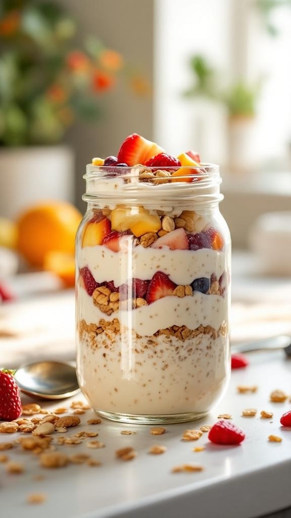 A jar of Nutty Overnight Oats with layers of oats, yogurt, fruits, and nuts.