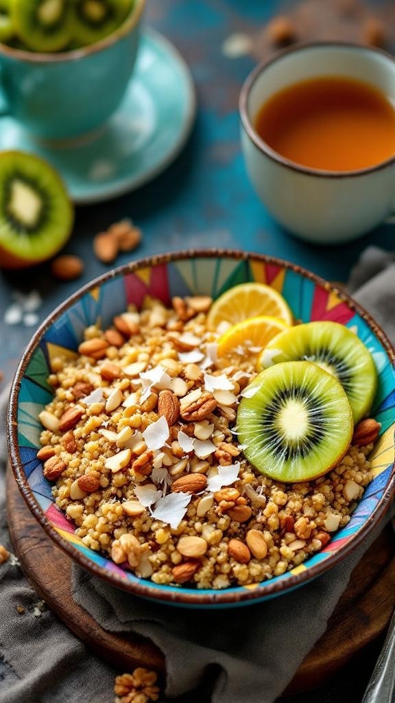 A colorful Nutty Quinoa Breakfast Bowl topped with nuts, coconut, kiwi, and lemon slices.