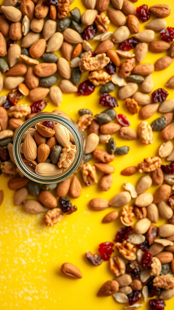 A colorful assortment of nuts and dried fruits in a jar, surrounded by more nuts on a bright yellow background.