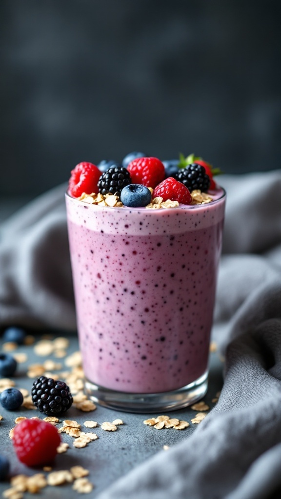 A refreshing oatmeal berry breakfast smoothie topped with fresh berries and oats.