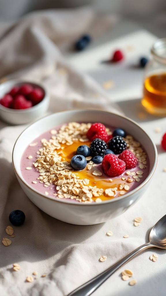 A bowl of oatmeal breakfast smoothie topped with berries and honey.