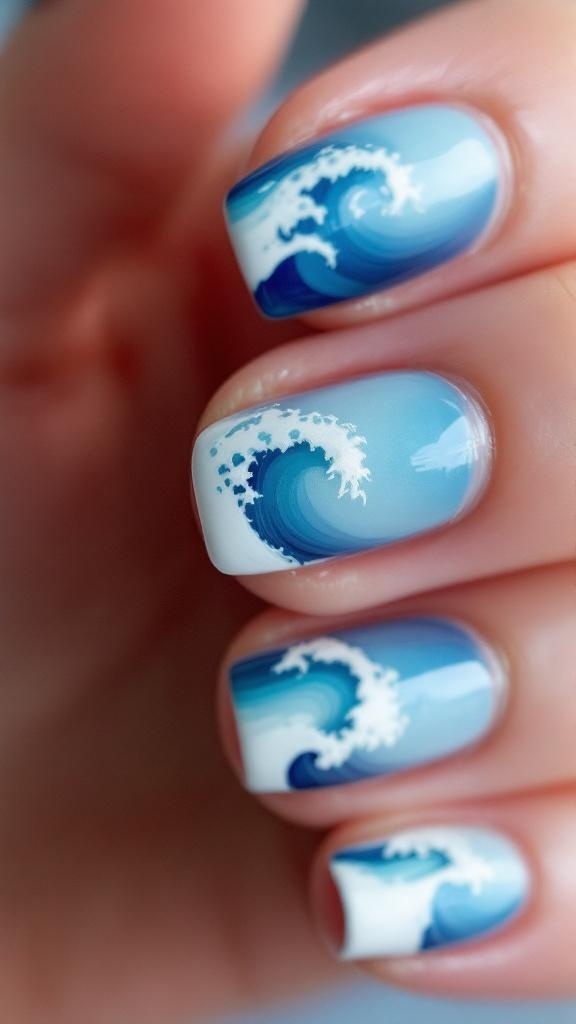 Nails featuring an ocean wave ombre design with blue shades and white wave patterns.