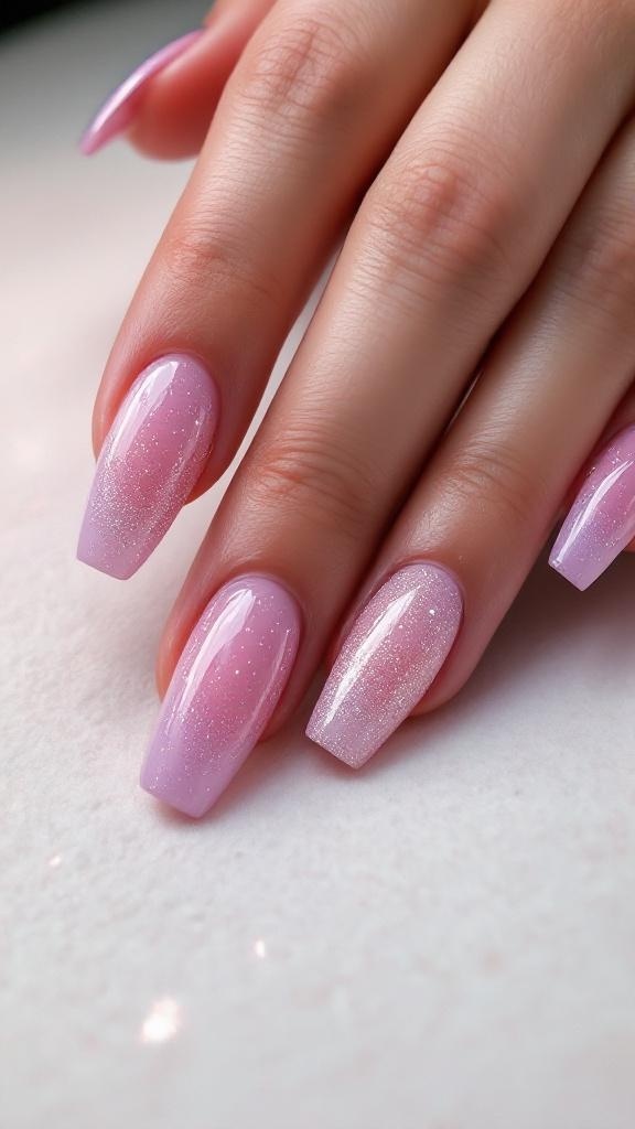 Close-up of ombre pink nails with glitter, showcasing a gradient effect and sparkling finish.