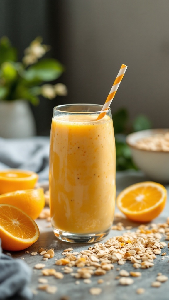 A refreshing orange oatmeal breakfast smoothie served in a glass.