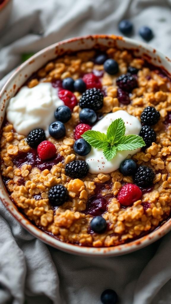 A cozy bowl of oven-baked berry oatmeal topped with fresh berries and yogurt.