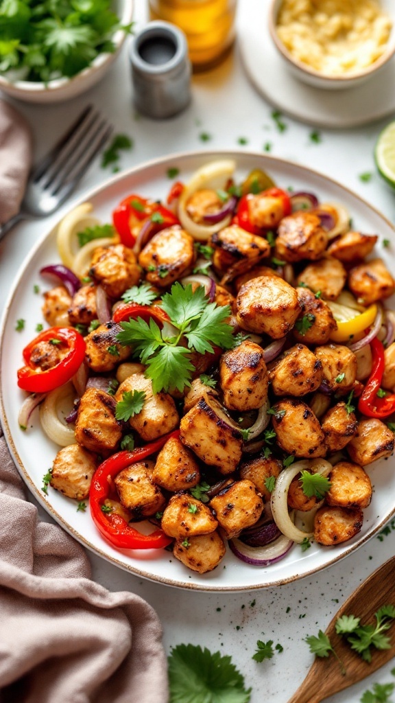 Plate of oven-baked chicken fajitas with peppers and onions