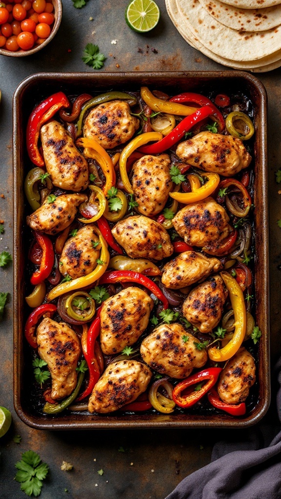 Oven-baked chicken fajitas with peppers and onions.