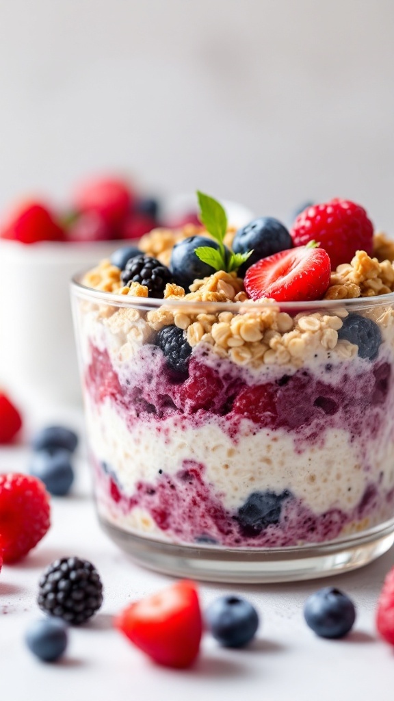 A colorful bowl of overnight oats layered with berries and topped with granola.