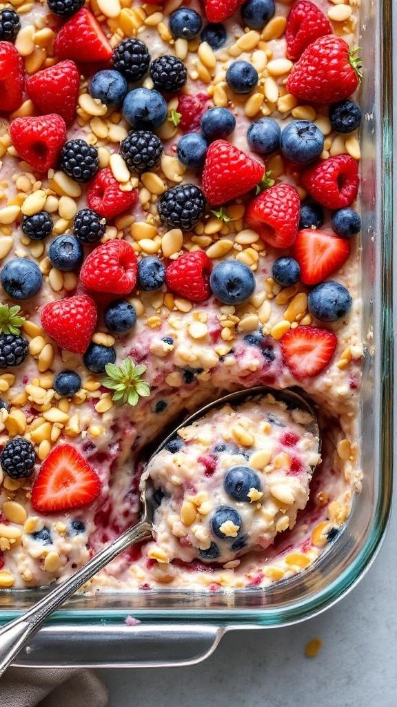 A delicious overnight oats casserole topped with mixed berries and pine nuts.