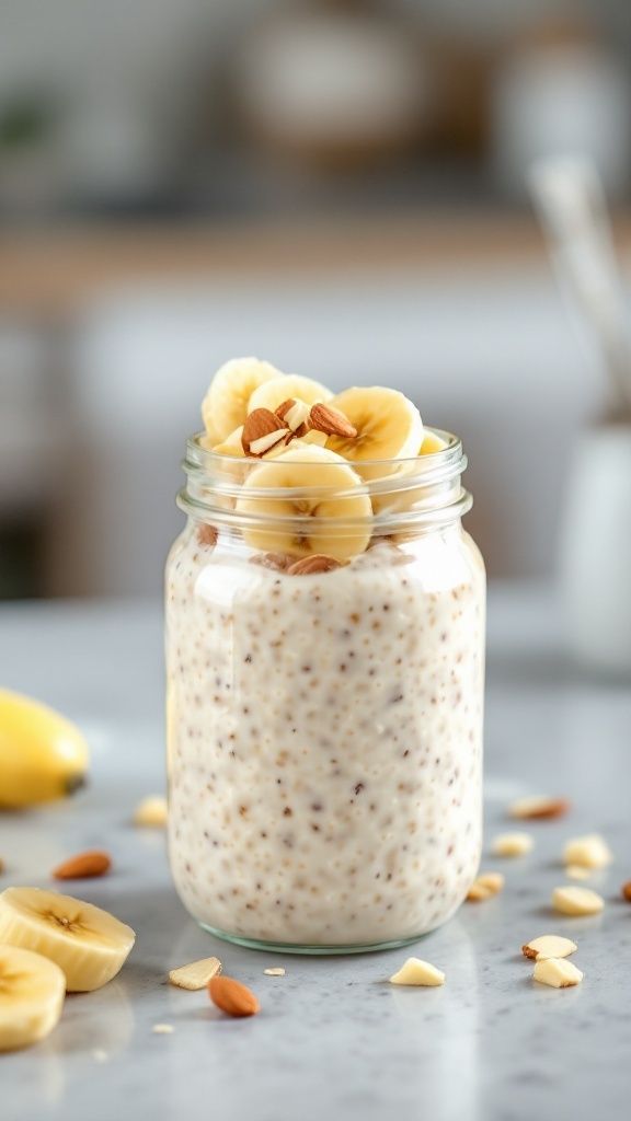 A jar of overnight oats topped with banana slices and almonds.
