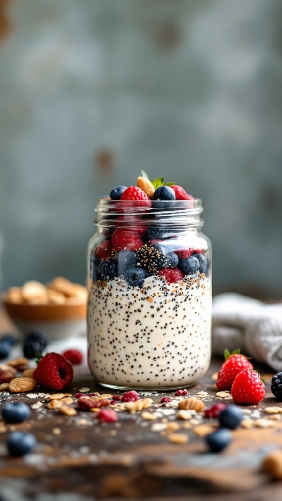 A jar of overnight oats topped with fresh berries and chia seeds