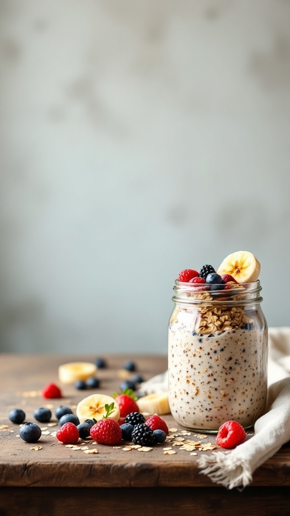 A jar of overnight oats topped with fresh fruits and granola on a wooden surface.